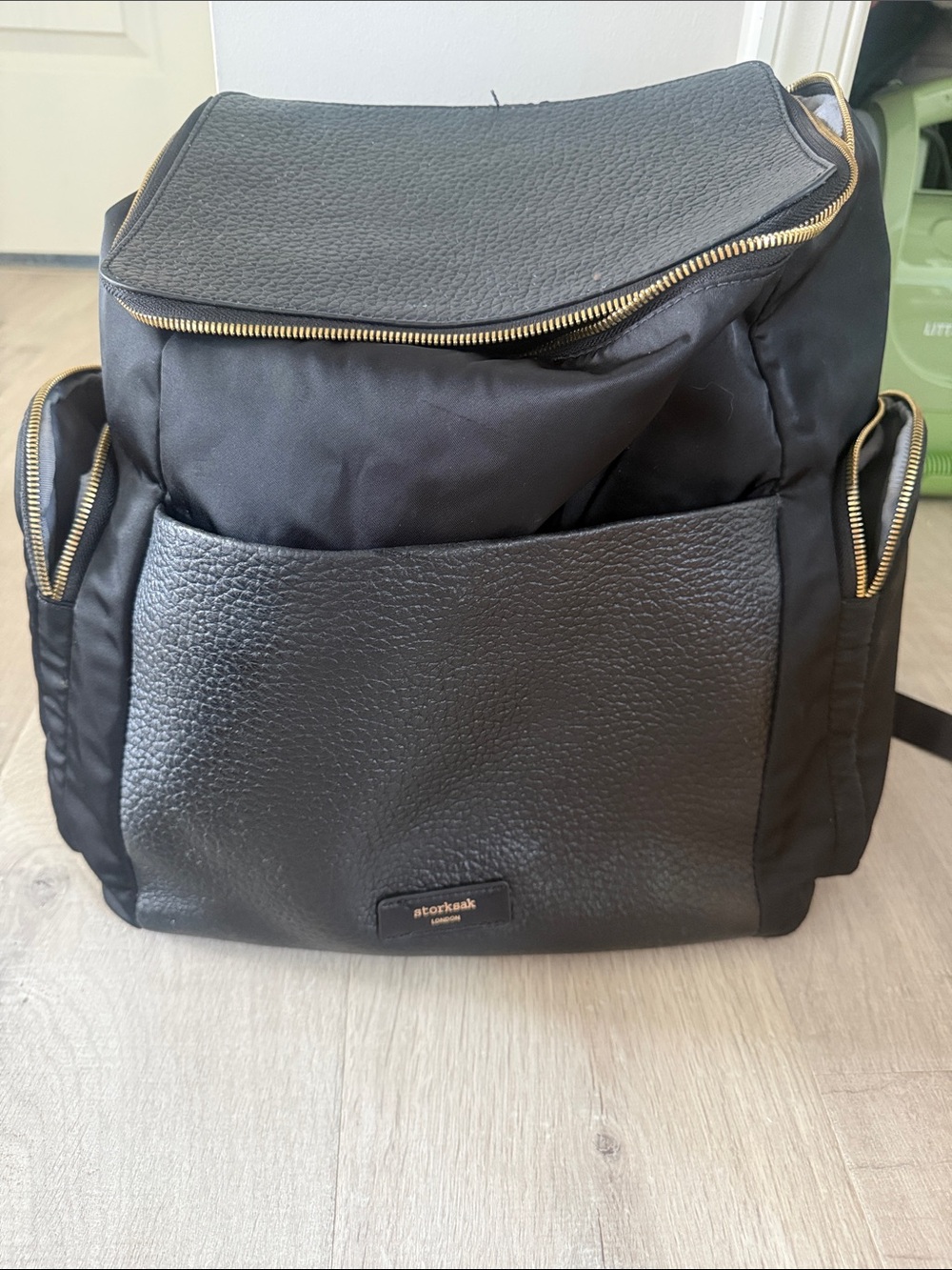 Storksak Black Nylon & Leather Diaper Bag with Gold Hardware